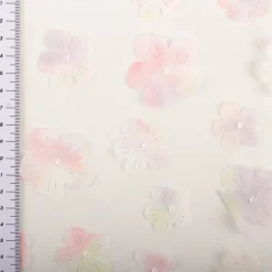 Tüllstoff 3D Blüten mit Perlen weiß rosa flieder gelb 1,4m Breite
