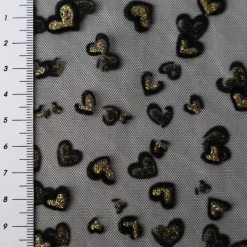 Tüllstoff Softtüll Flock Hearts Gitzerherzchen schwarz goldfarbig 1,50m Breite