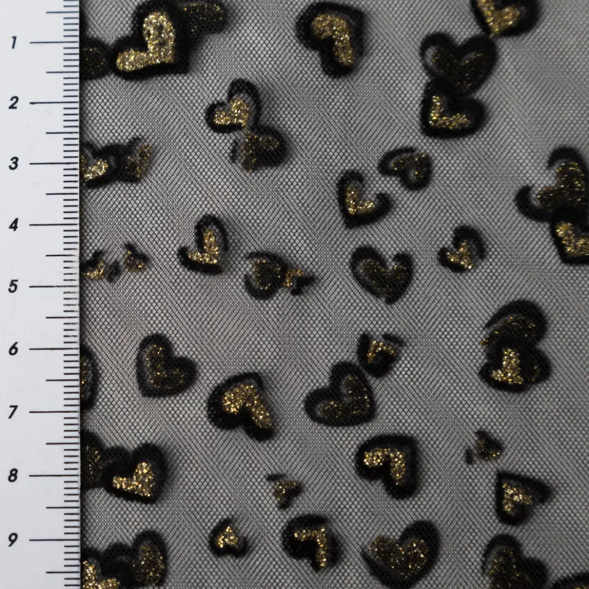 Tüllstoff Softtüll Flock Hearts Gitzerherzchen schwarz goldfarbig 1,50m Breite