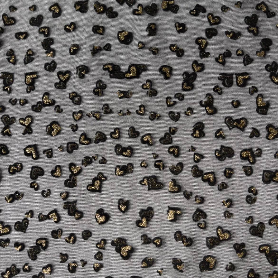 Tüllstoff Softtüll Flock Hearts Gitzerherzchen schwarz goldfarbig 1,50m Breite