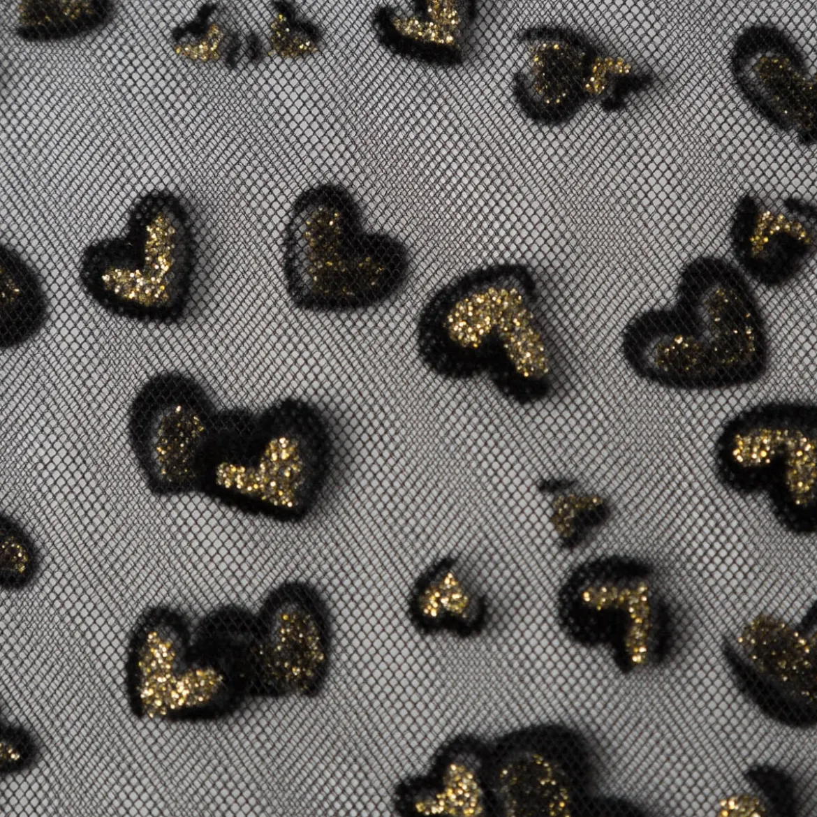 Tüllstoff Softtüll Flock Hearts Gitzerherzchen schwarz goldfarbig 1,50m Breite