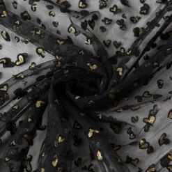 Tüllstoff Softtüll Flock Hearts Gitzerherzchen schwarz goldfarbig 1,50m Breite