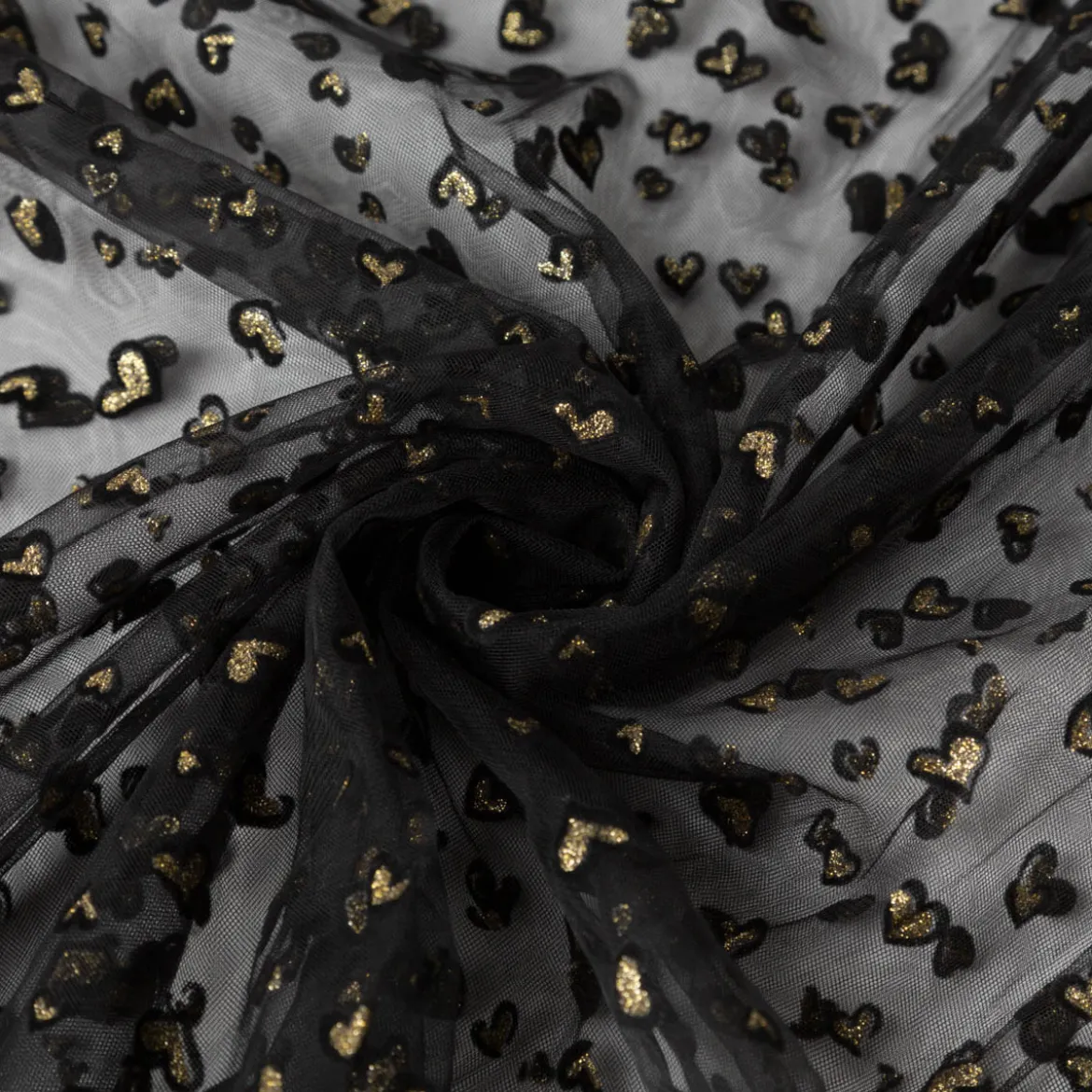 Tüllstoff Softtüll Flock Hearts Gitzerherzchen schwarz goldfarbig 1,50m Breite