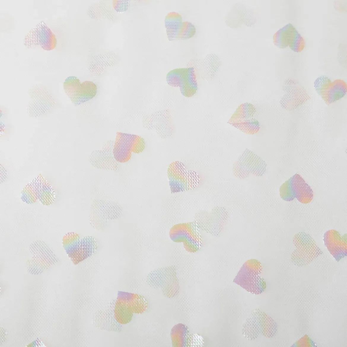 Tüllstoff Softtüll Rainbow Hearts Foliendruck Gitzerherzchen offweiß 1,50m Breite