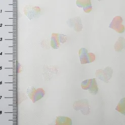 Tüllstoff Softtüll Rainbow Hearts Foliendruck Gitzerherzchen offweiß 1,50m Breite