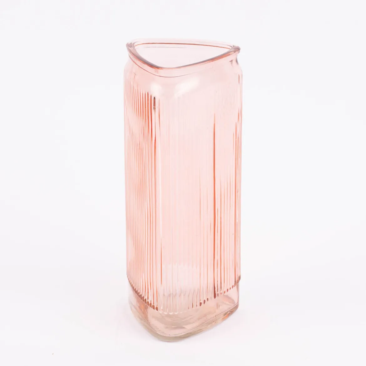Vase Dekovase Glas dreieckig mit Rillen rosa 10,5x20cm