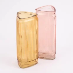 Vase Dekovase Glas dreieckig mit Rillen rosa 10,5x20cm