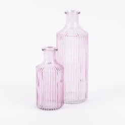 Vase Flaschenform zylinderförmig mit geriffelter Oberfläche transparent lila aus Glas groß oder klein