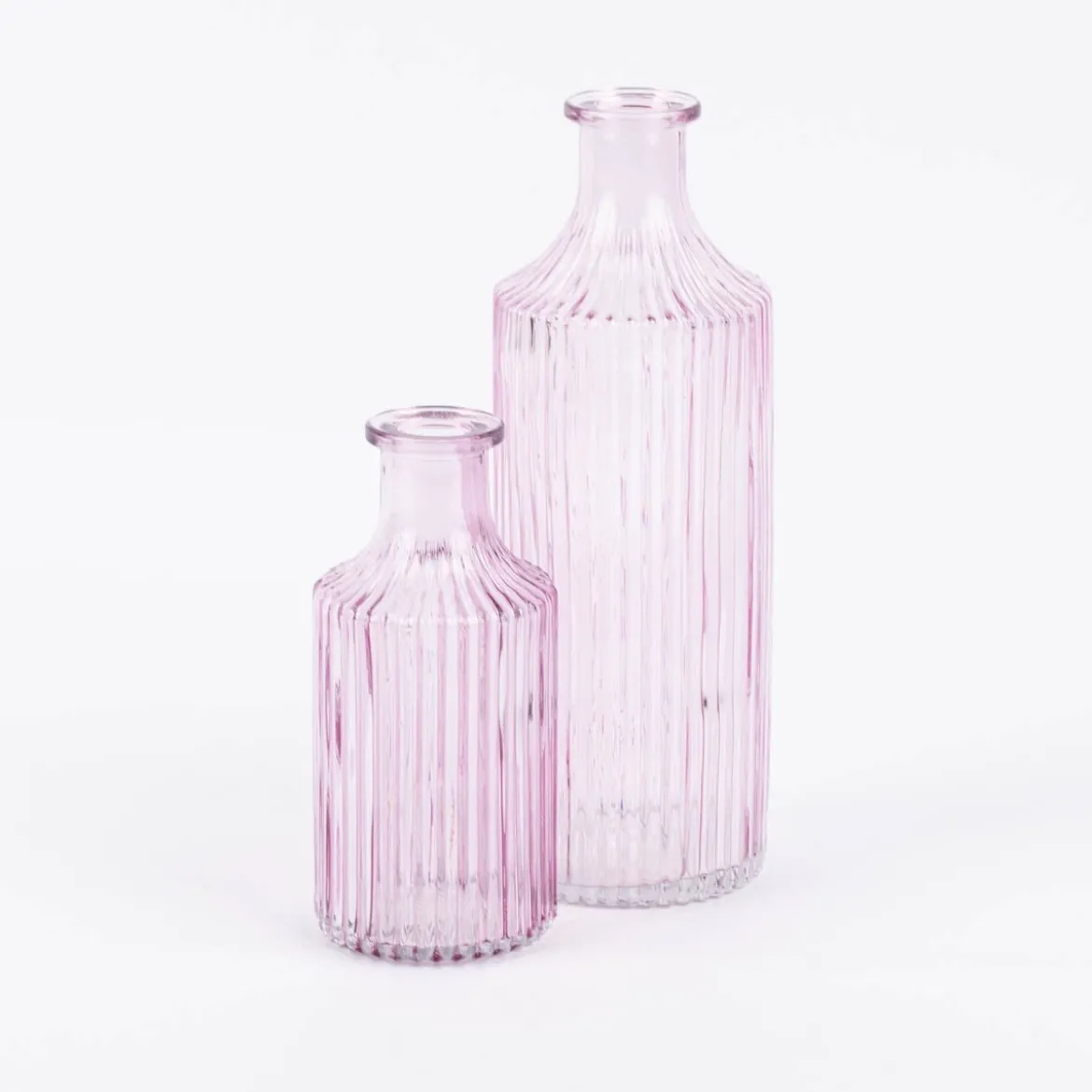 Vase Flaschenform zylinderförmig mit geriffelter Oberfläche transparent lila aus Glas groß oder klein