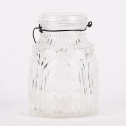Vase Laterne geprägt Mandala Glas mit Henkel aus Draht klar 5,5x8cm