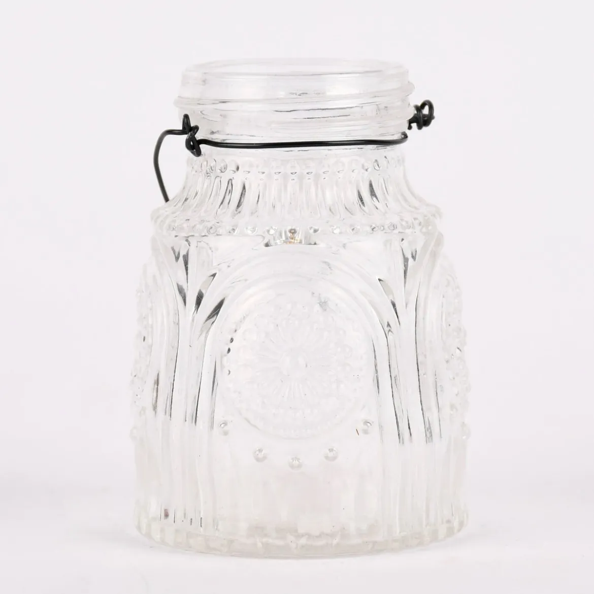Vase Laterne geprägt Mandala Glas mit Henkel aus Draht klar 5,5x8cm