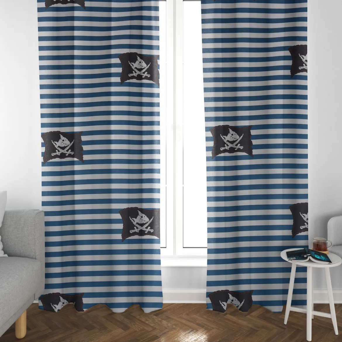 Villa Coppenrath Capt´n Sharky Dekostoff Baumwollstoff Gardinenstoff Meterware Streifen Piratenflagge blau weiß 140cm