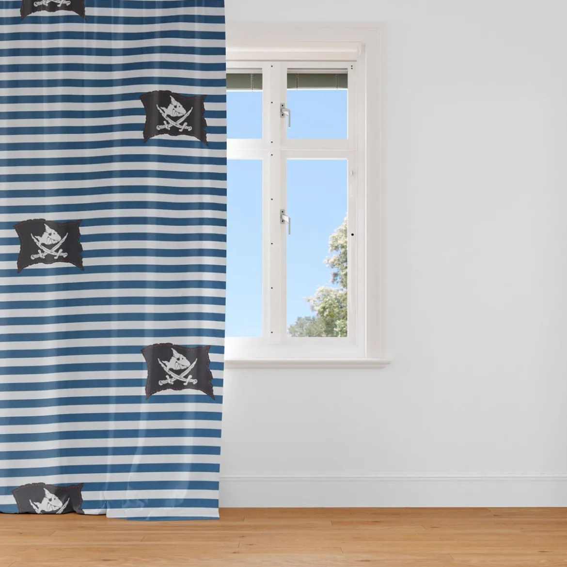 Villa Coppenrath Capt´n Sharky Dekostoff Baumwollstoff Gardinenstoff Meterware Streifen Piratenflagge blau weiß 140cm