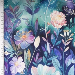 Viskose Jersey Stoff mit Digitaldruck Blumen blau mint lila 1,5m Breite
