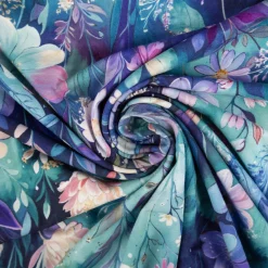 Viskose Jersey Stoff mit Digitaldruck Blumen blau mint lila 1,5m Breite