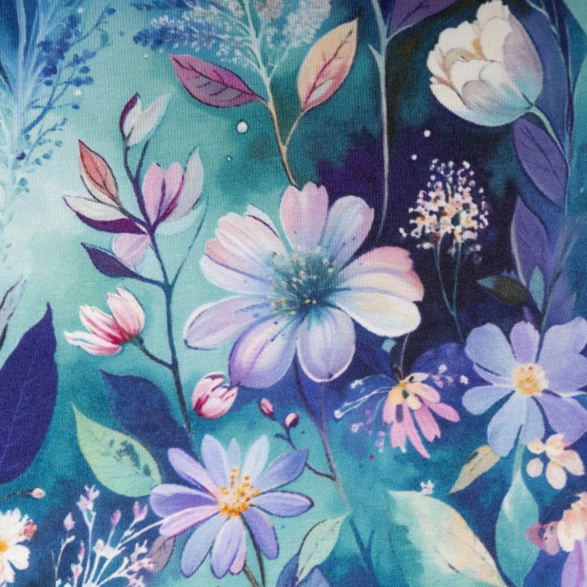 Viskose Jersey Stoff mit Digitaldruck Blumen blau mint lila 1,5m Breite