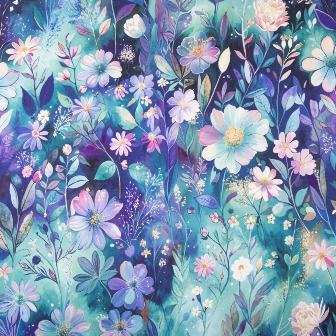 Viskose Jersey Stoff mit Digitaldruck Blumen blau mint lila 1,5m Breite