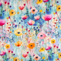 Viskose Jersey Stoff mit Digitaldruck Aquarellblumen blau gelb rosa 1,5m Breite