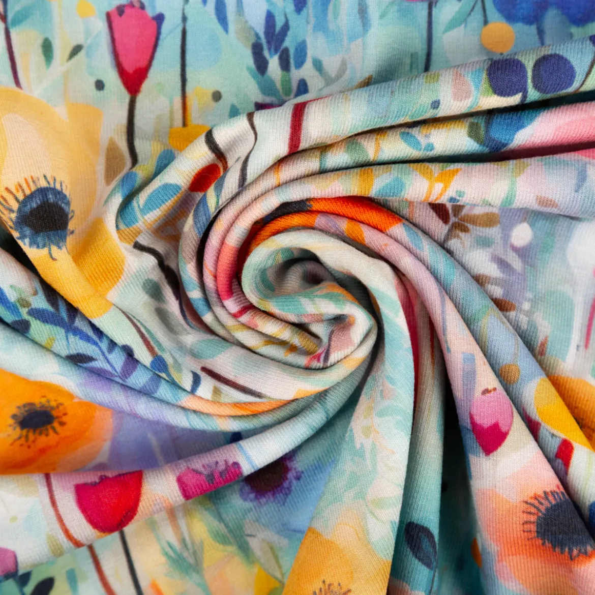Viskose Jersey Stoff mit Digitaldruck Aquarellblumen blau gelb rosa 1,5m Breite