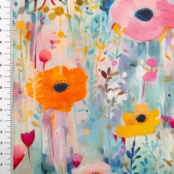 Viskose Jersey Stoff mit Digitaldruck Aquarellblumen blau gelb rosa 1,5m Breite