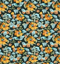 Viskose Stoff für Bekleidung Grenadier Blumen schwarz gelb grün 1,50m Breite