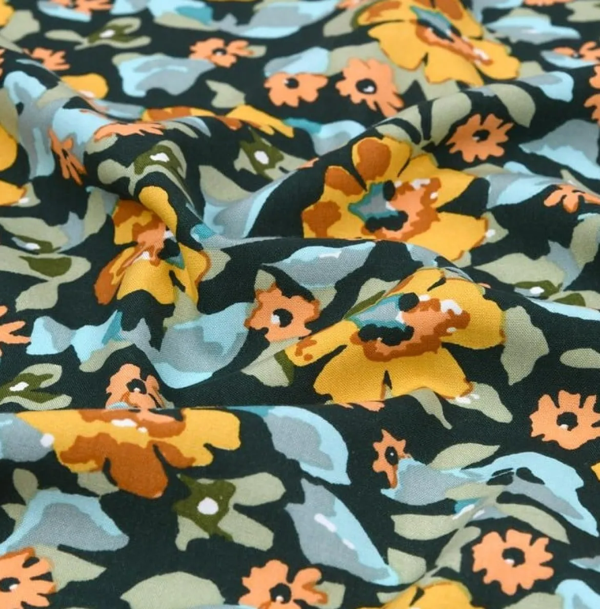 Viskose Stoff für Bekleidung Grenadier Blumen schwarz gelb grün 1,50m Breite