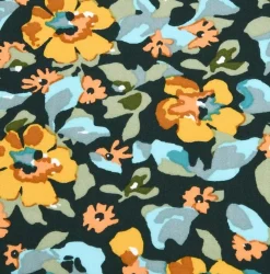 Viskose Stoff für Bekleidung Grenadier Blumen schwarz gelb grün 1,50m Breite