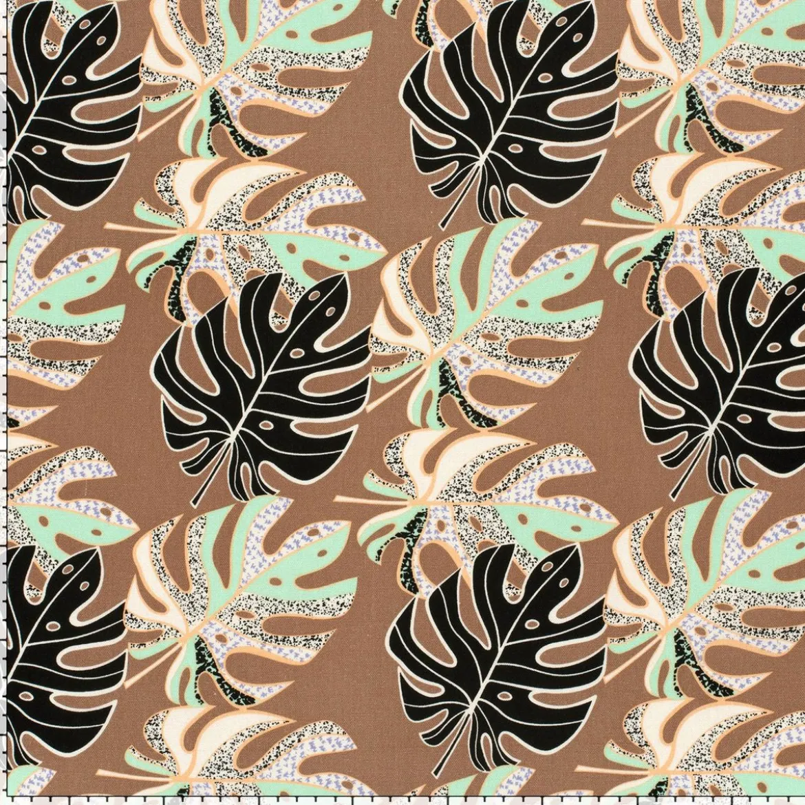 Viskose Stoff mit 30% Leinenanteil Monstera Blätter abstrakt braun mint 134cm Breite