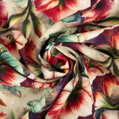Viskose Stoff mit 42% Leinenanteil Alazela Blumen natur rosa türkis grün 1,43cm Breite