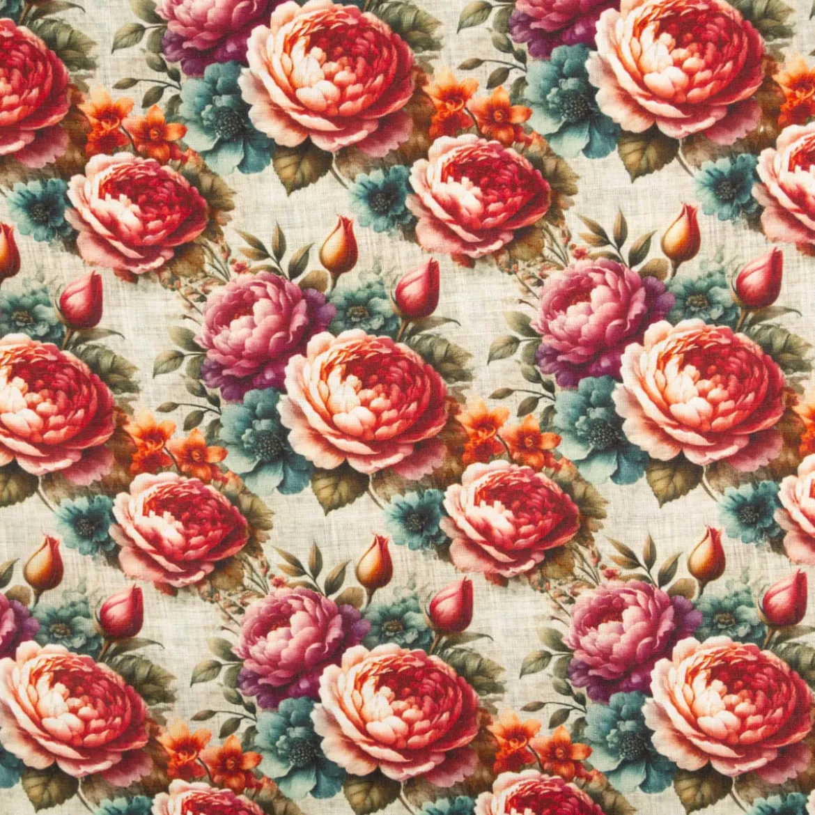 Viskose Stoff mit 42% Leinenanteil Pfingstrosen natur rosa grün 1,43cm Breite