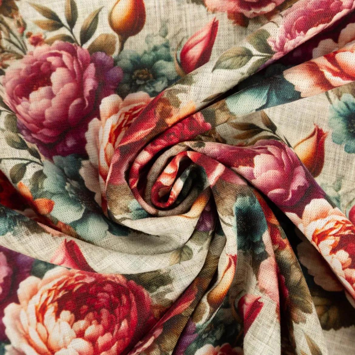Viskose Stoff mit 42% Leinenanteil Pfingstrosen natur rosa grün 1,43cm Breite