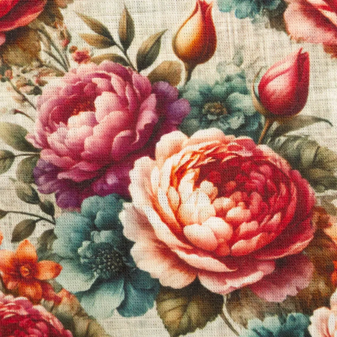 Viskose Stoff mit 42% Leinenanteil Pfingstrosen natur rosa grün 1,43cm Breite