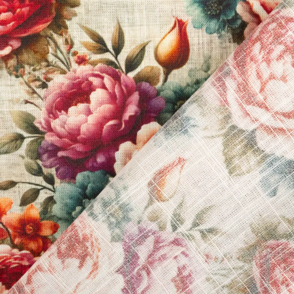 Viskose Stoff mit 42% Leinenanteil Pfingstrosen natur rosa grün 1,43cm Breite