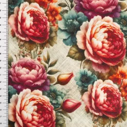 Viskose Stoff mit 42% Leinenanteil Pfingstrosen natur rosa grün 1,43cm Breite