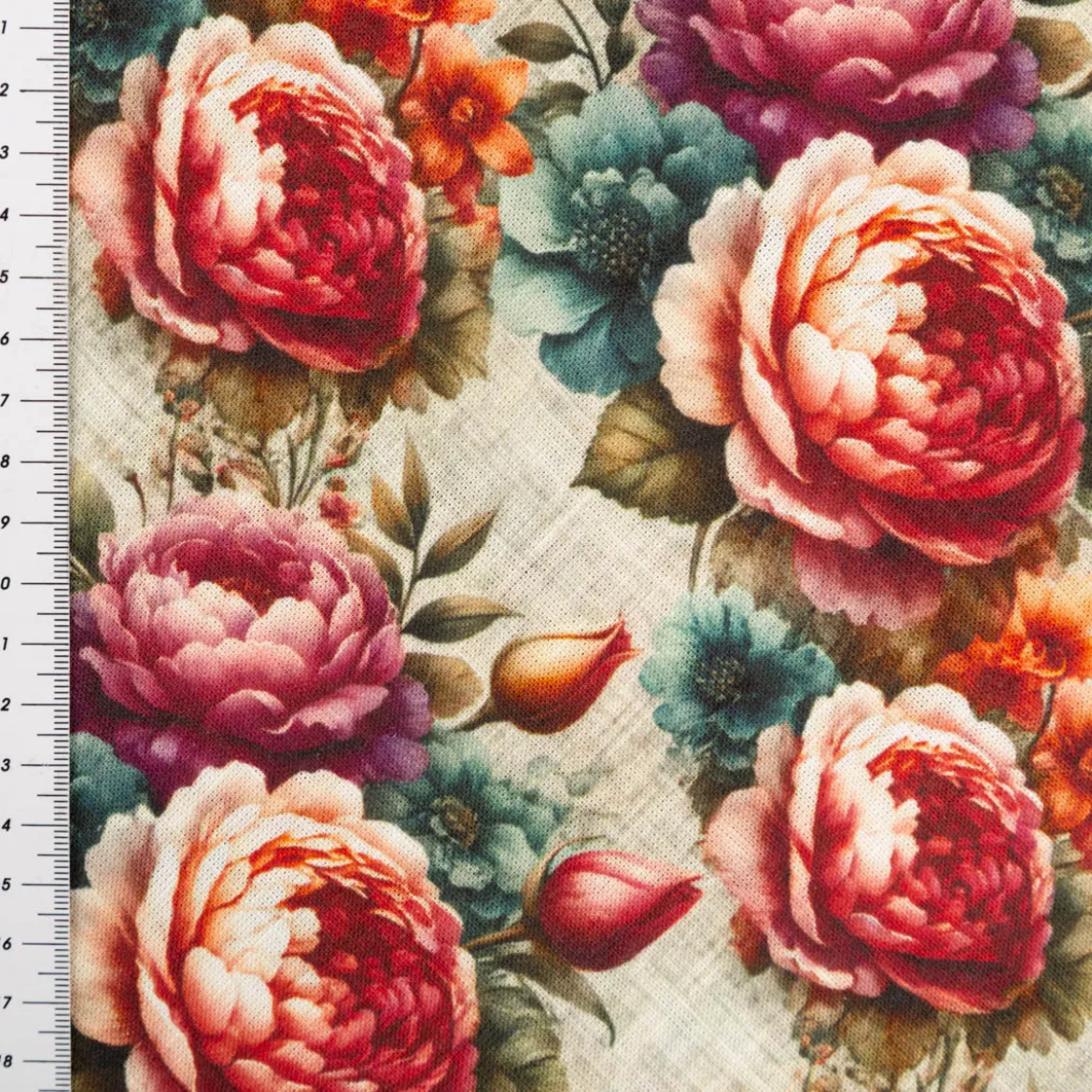 Viskose Stoff mit 42% Leinenanteil Pfingstrosen natur rosa grün 1,43cm Breite