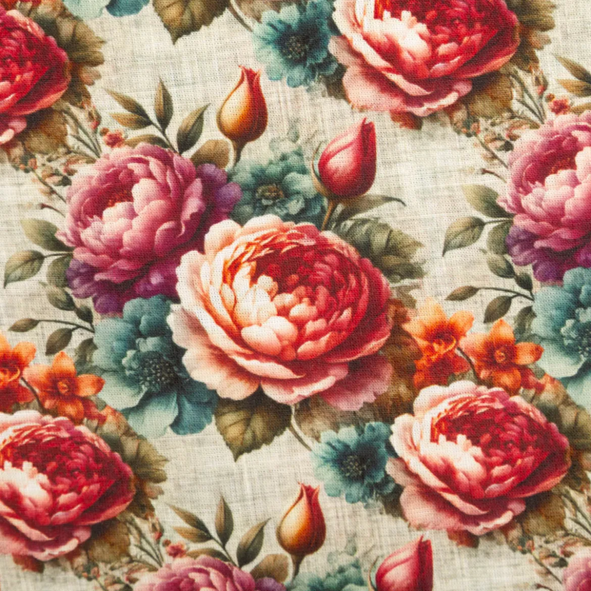Viskose Stoff mit 42% Leinenanteil Pfingstrosen natur rosa grün 1,43cm Breite