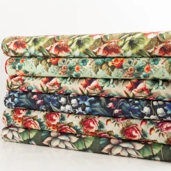 Viskose Stoff mit 42% Leinenanteil Alazela Blumen grün pink türkis 1,43cm Breite