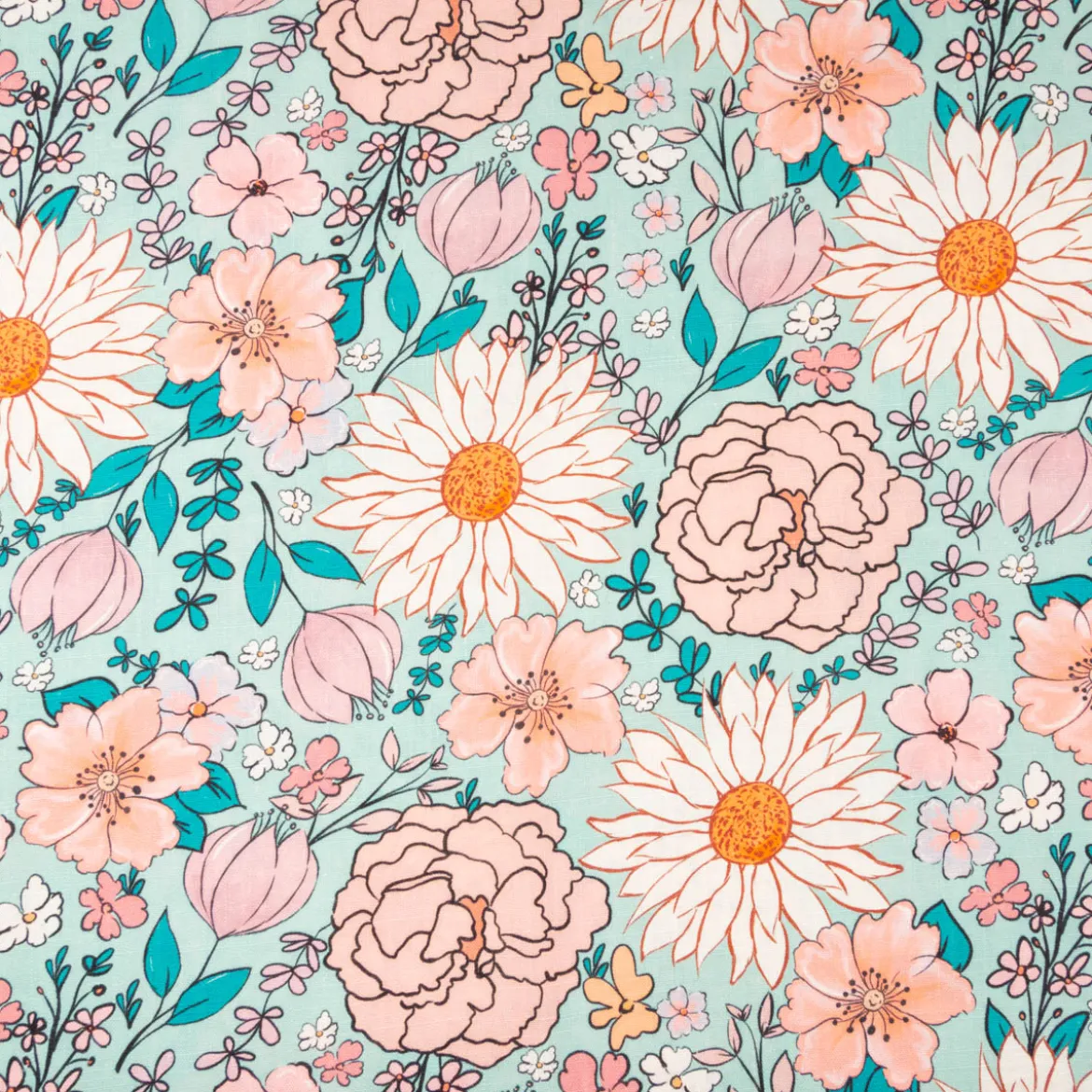 Viskose Stoff mit 42% Leinenanteil Blumen türkis rosa 1,43cm Breite