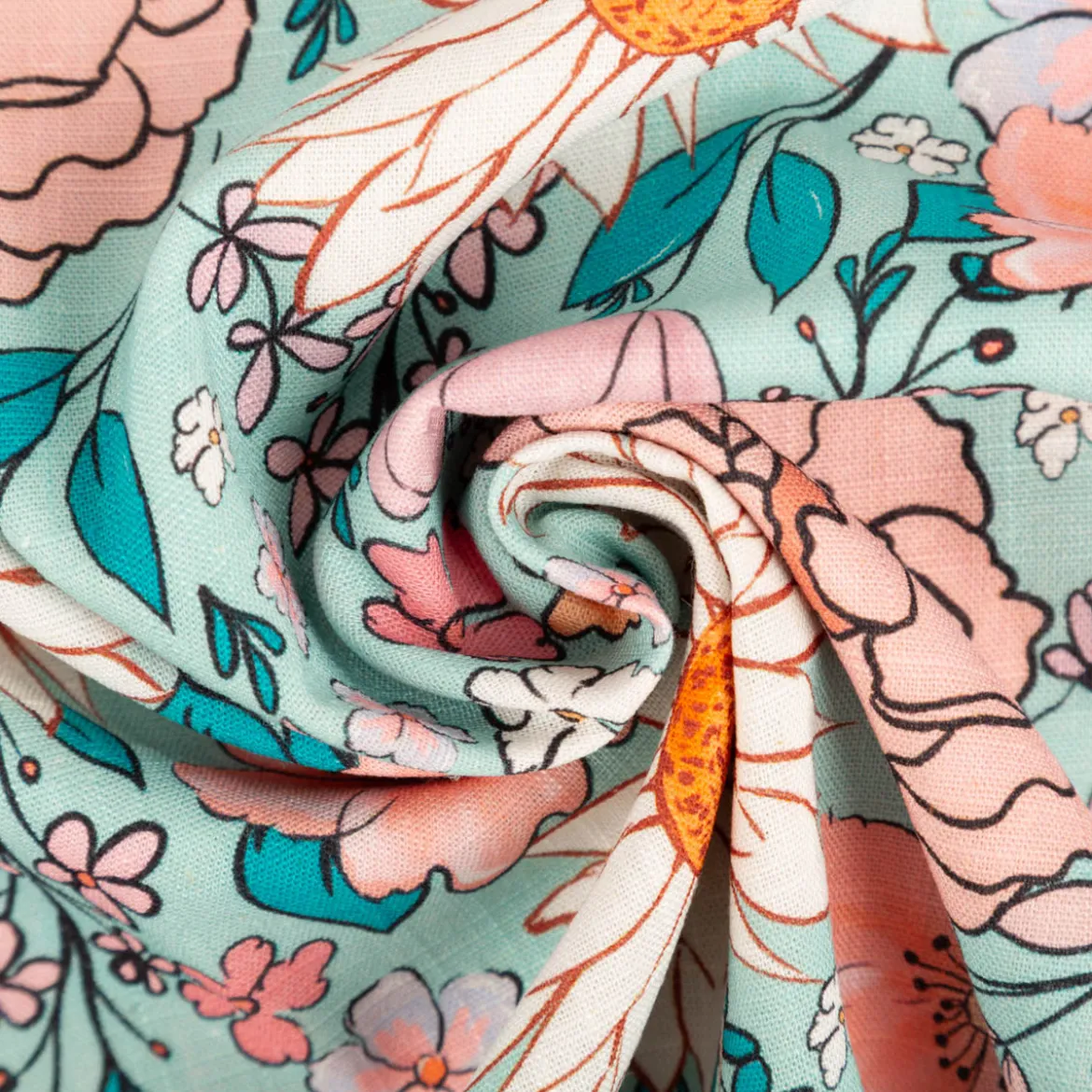Viskose Stoff mit 42% Leinenanteil Blumen türkis rosa 1,43cm Breite