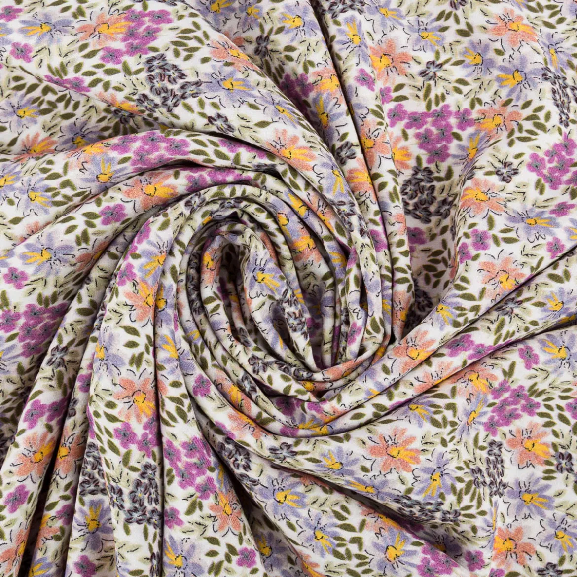 Viskose Stoff Radiance Blumen Blätter Digitaldruck für Bekleidung weiß lila 1,4m Breite