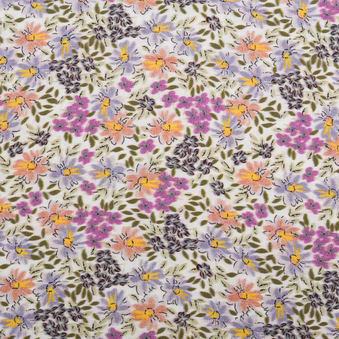 Viskose Stoff Radiance Blumen Blätter Digitaldruck für Bekleidung weiß lila 1,4m Breite
