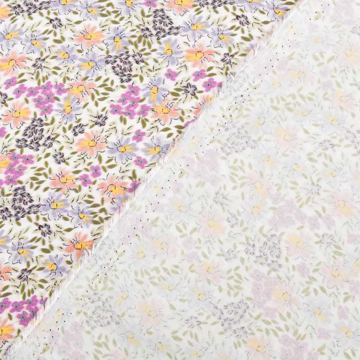 Viskose Stoff Radiance Blumen Blätter Digitaldruck für Bekleidung weiß lila 1,4m Breite