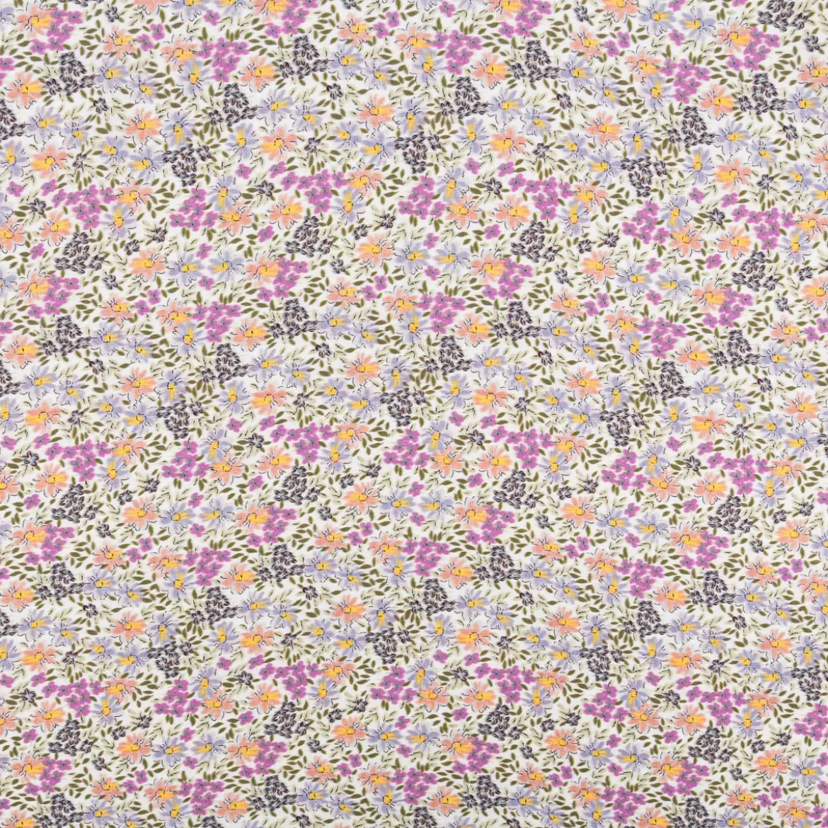 Viskose Stoff Radiance Blumen Blätter Digitaldruck für Bekleidung weiß lila 1,4m Breite
