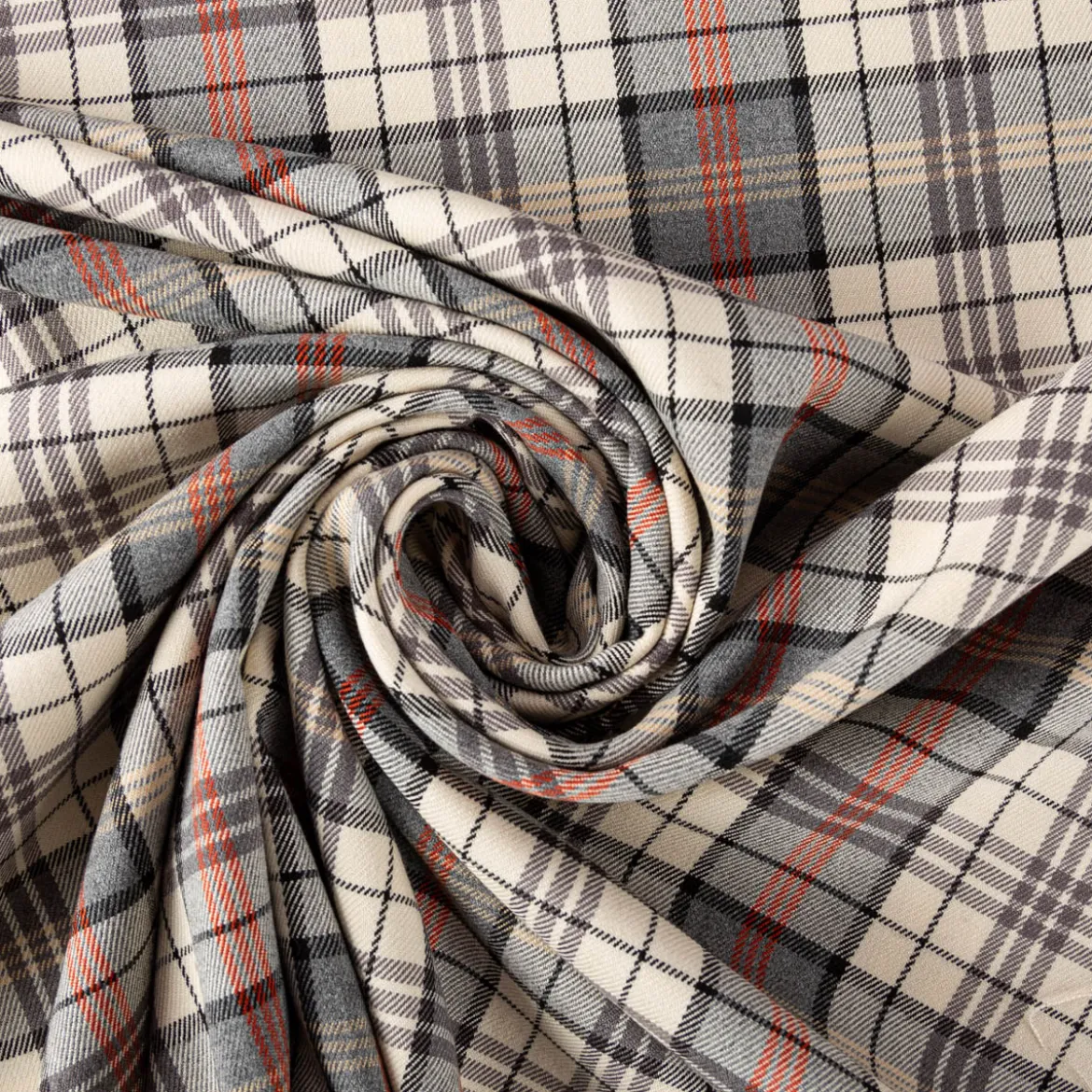 Viskose Stoff Tartan Muster Schottenkaro kariert beige grau rot 1,4m Breite
