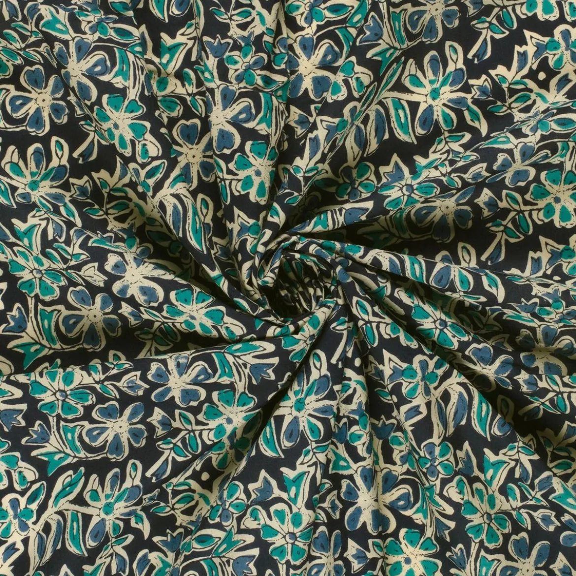 Voile Stoff Batik Blumen indigoblau 1,45m Breite