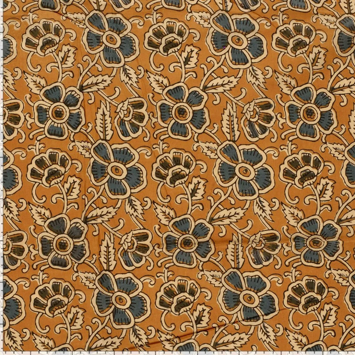 Voile Stoff Batik Blumen ocker blaugrau 1,45m Breite