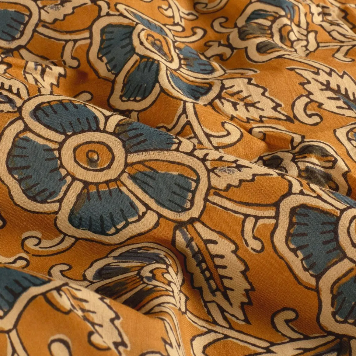 Voile Stoff Batik Blumen ocker blaugrau 1,45m Breite