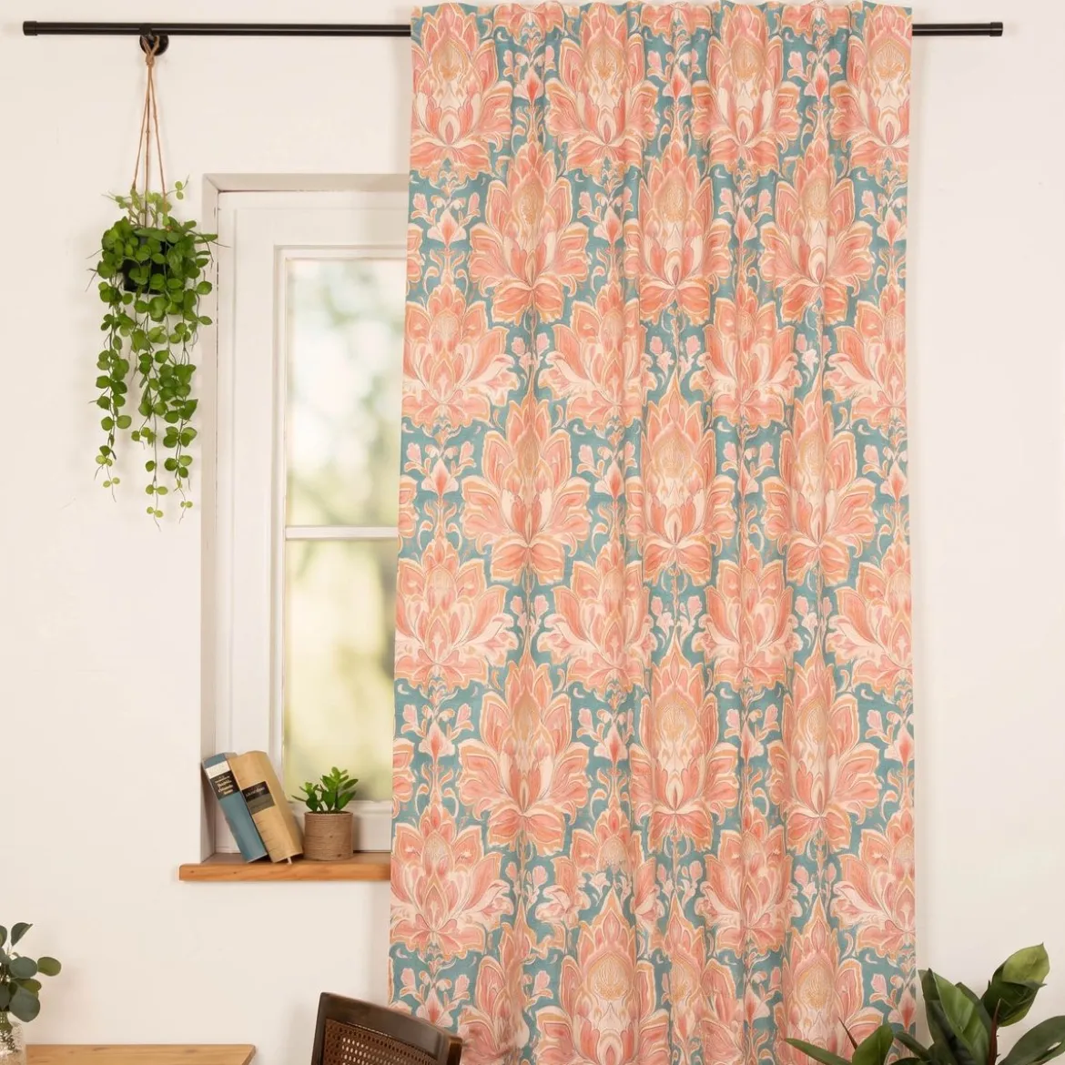 Vorhang Baumwolle Blumenornamente rosa petrol mit Smok-Schlaufenband 245x130cm (HxB) oder Wunschmaß von SCHÖNER LEBEN.