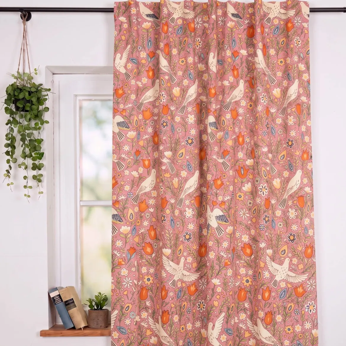 Vorhang Baumwolle Blumen Tauben rosa bunt mit Smok-Schlaufenband 245x130cm (HxB) oder Wunschmaß von SCHÖNER LEBEN.
