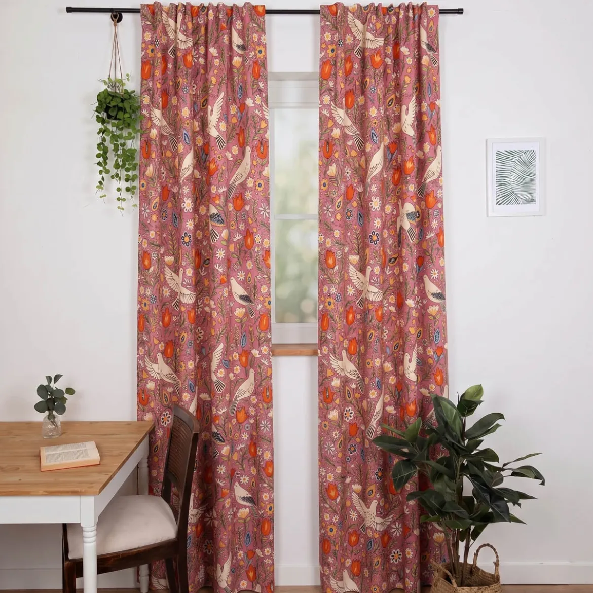 Vorhang Baumwolle Blumen Tauben rosa bunt mit Smok-Schlaufenband 245x130cm (HxB) oder Wunschmaß von SCHÖNER LEBEN.